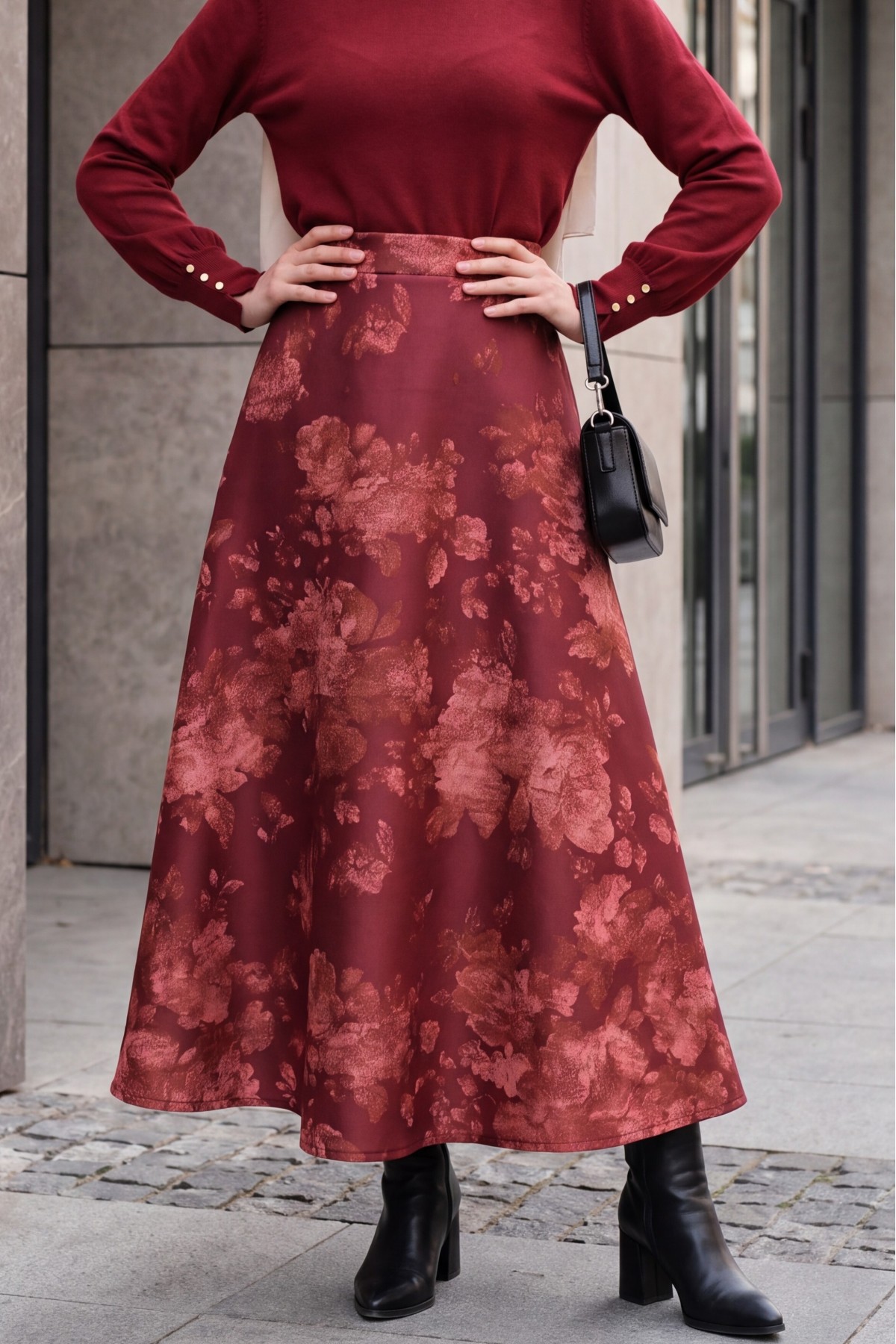 Floral Print Scuba A-Line Skirt -Maroon