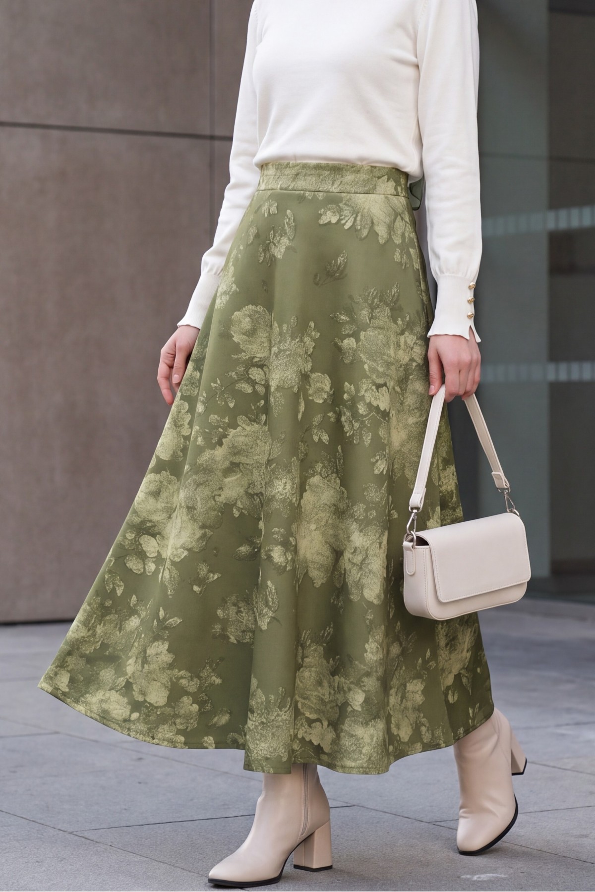 Floral Print Scuba A-Line Skirt -Khaki