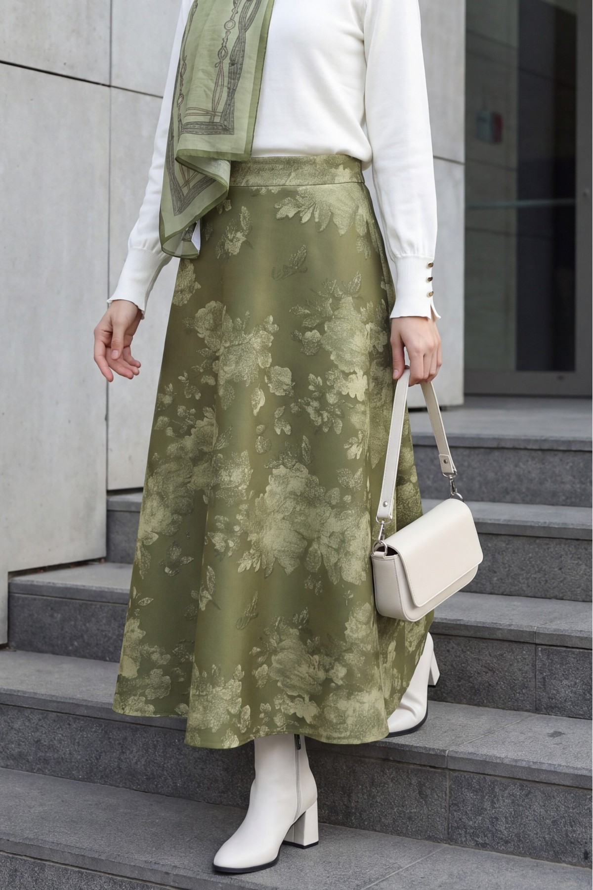 Floral Print Scuba A-Line Skirt -Khaki