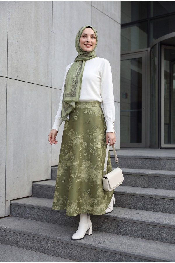 Floral Print Scuba A-Line Skirt -Khaki