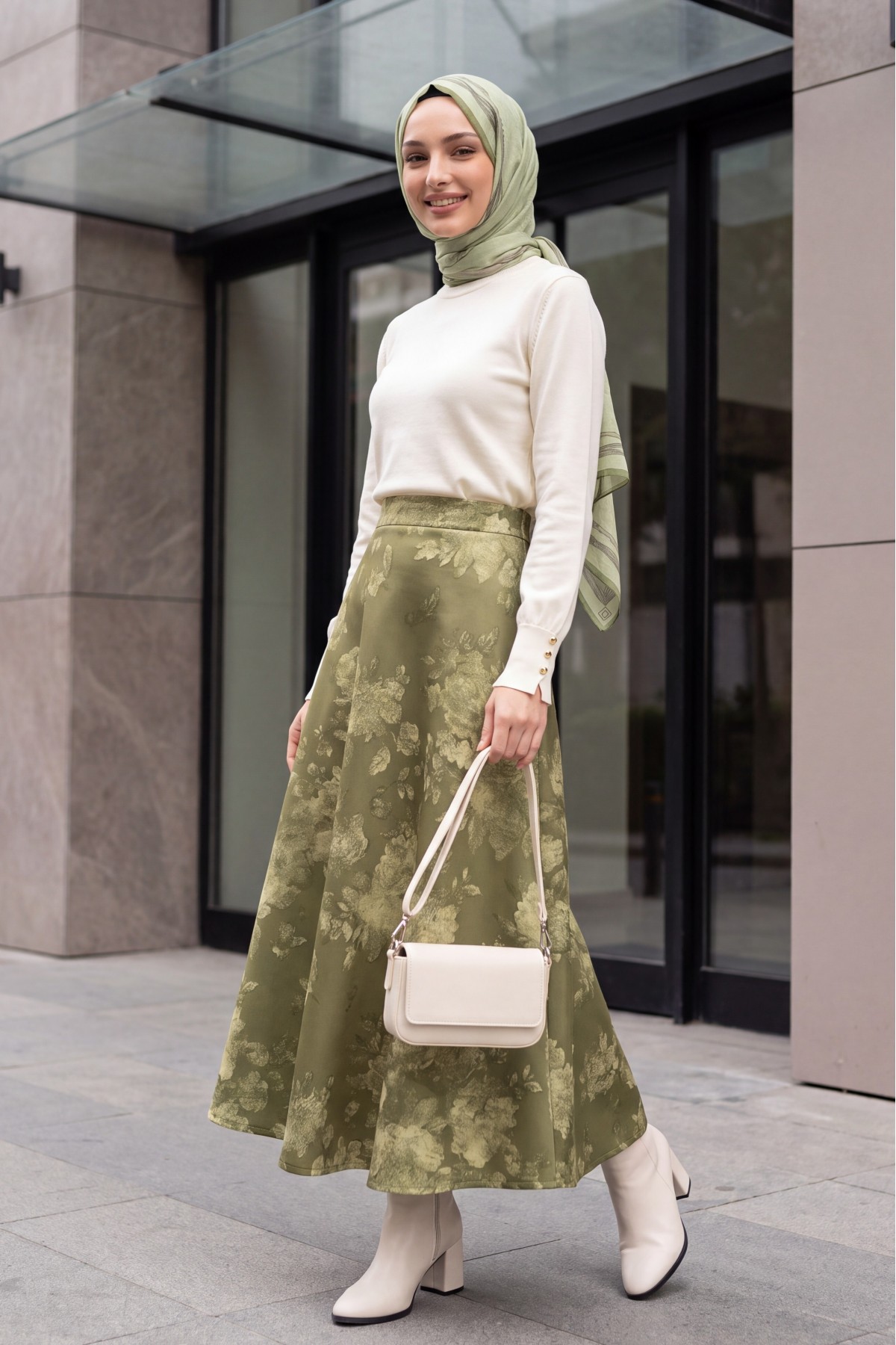 Floral Print Scuba A-Line Skirt -Khaki
