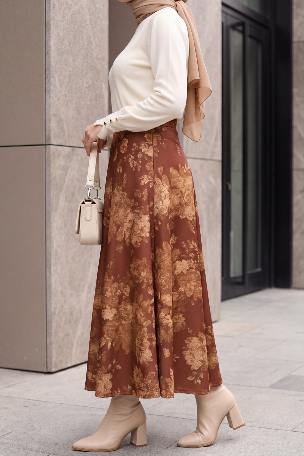 Floral Print Scuba A-Line Skirt -Brick color