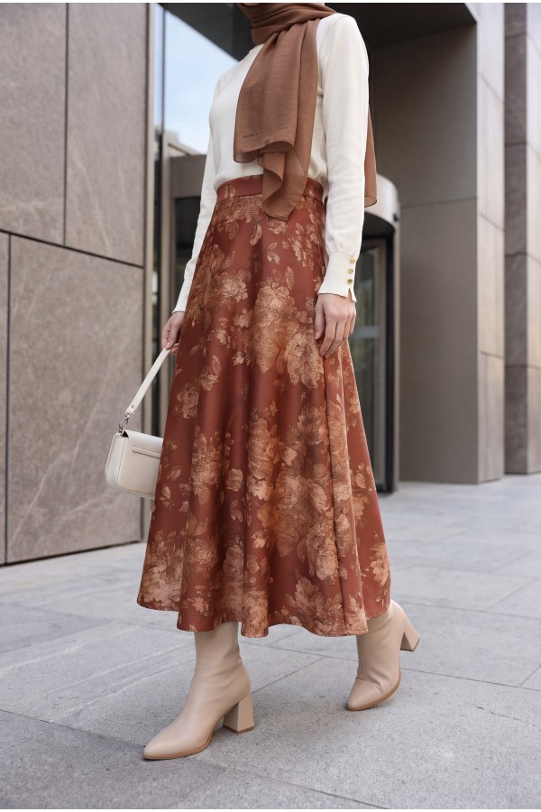 Floral Print Scuba A-Line Skirt -Brick color