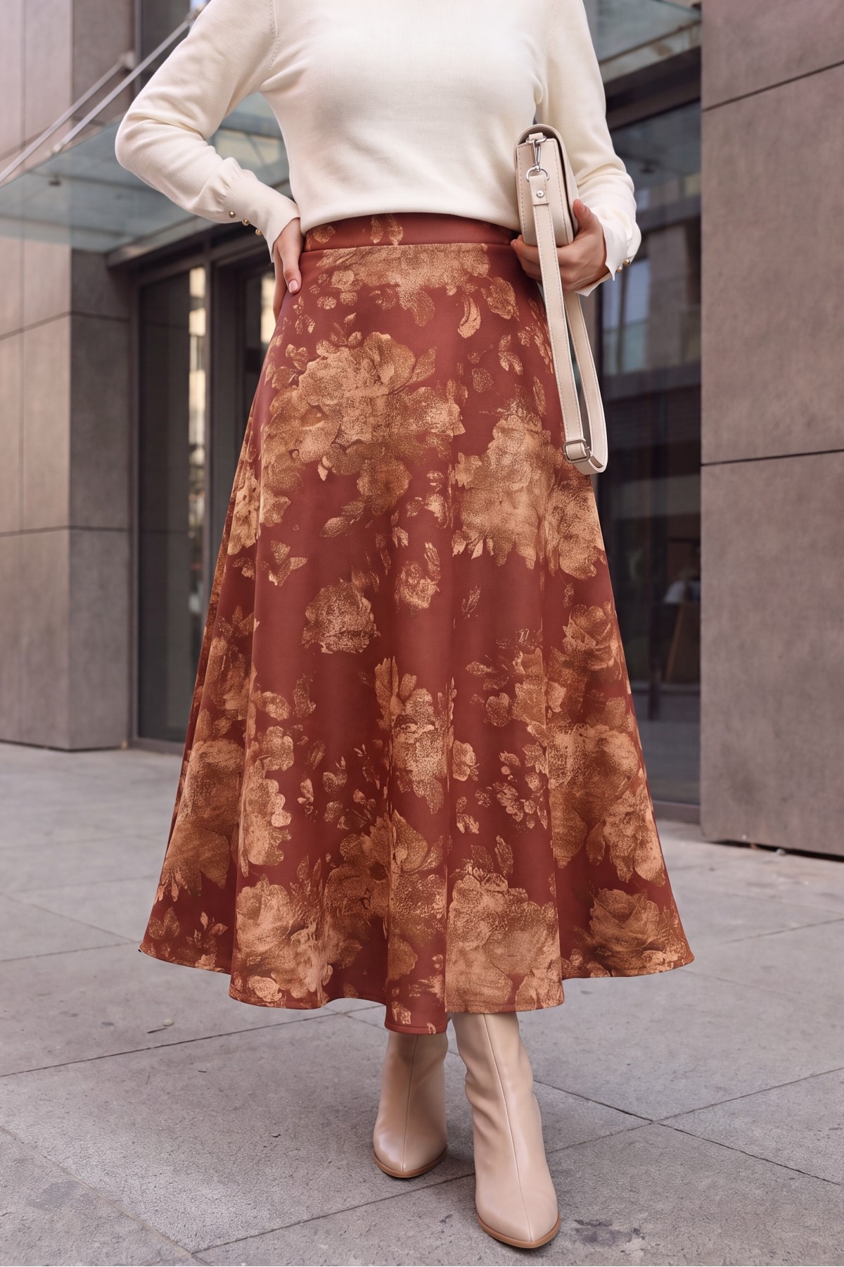 Floral Print Scuba A-Line Skirt -Brick color