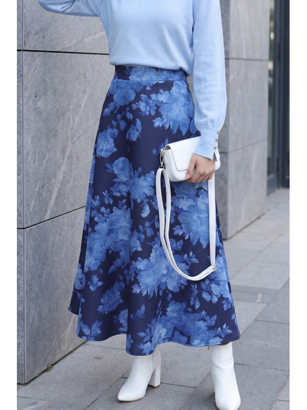 Floral Print Scuba A-Line Skirt -Blue