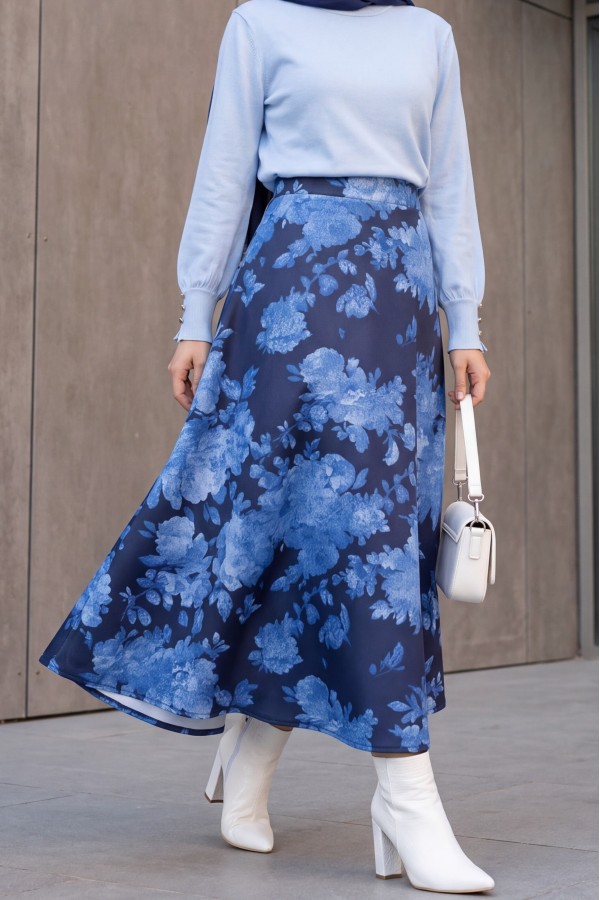 Floral Print Scuba A-Line Skirt -Blue