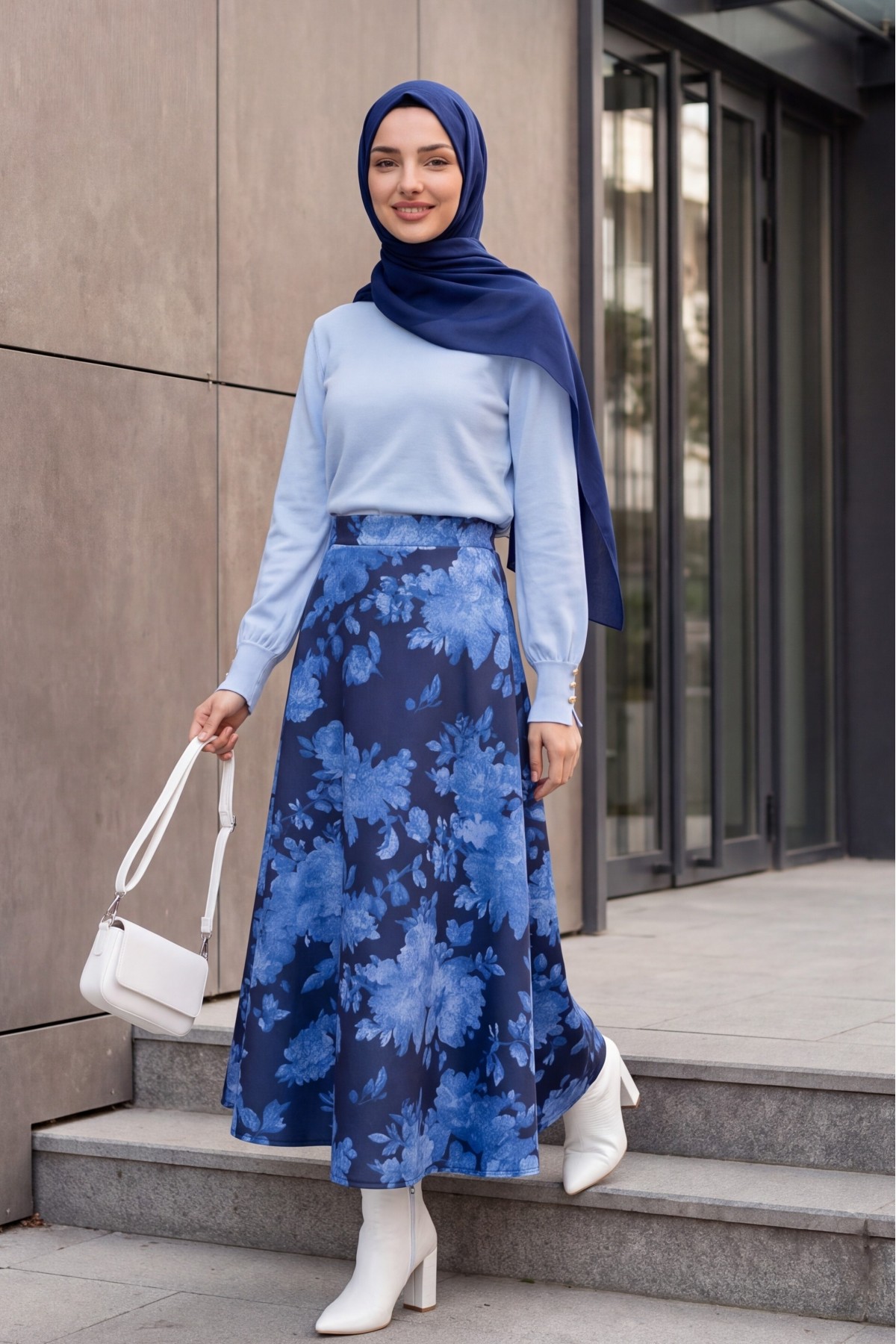 Floral Print Scuba A-Line Skirt -Blue