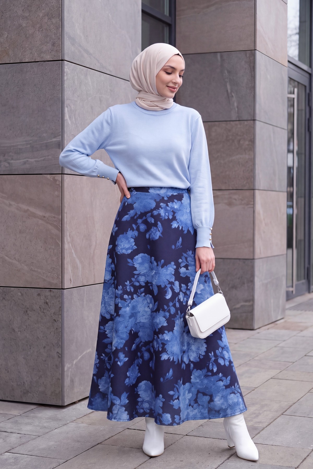 Floral Print Scuba A-Line Skirt -Blue