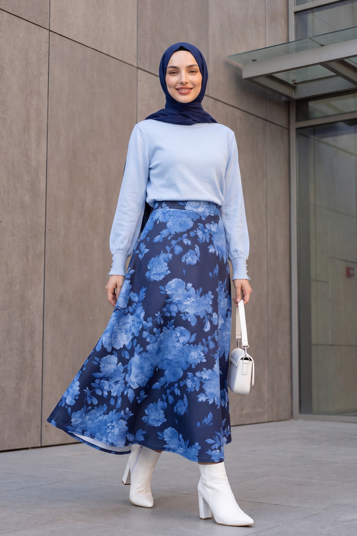 Floral Print Scuba A-Line Skirt -Blue