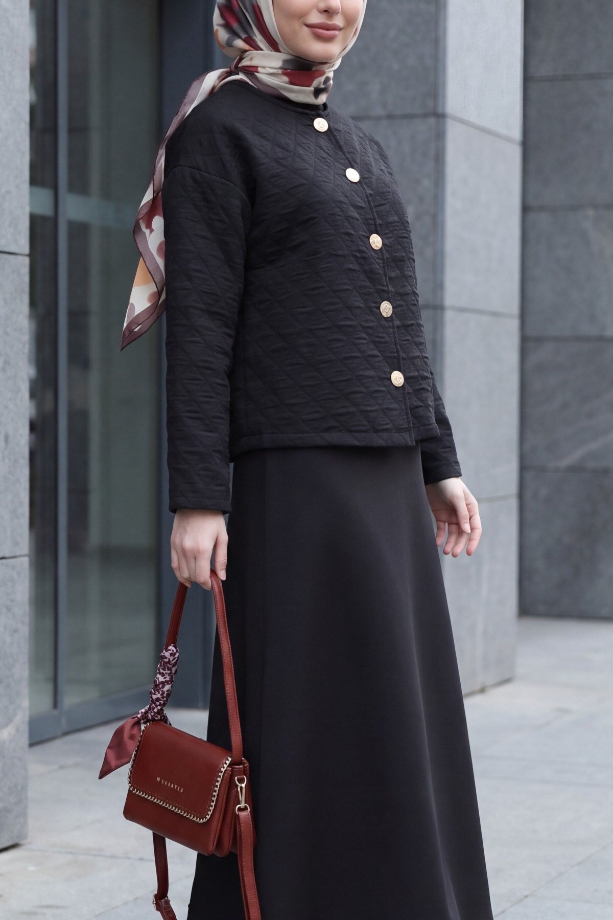 Round-Neck Buttoned Jacket and Skirt Set with Embossed Pattern -Black