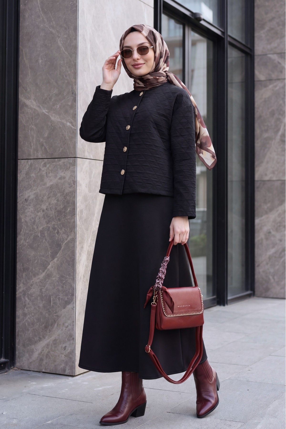 Round-Neck Buttoned Jacket and Skirt Set with Embossed Pattern -Black