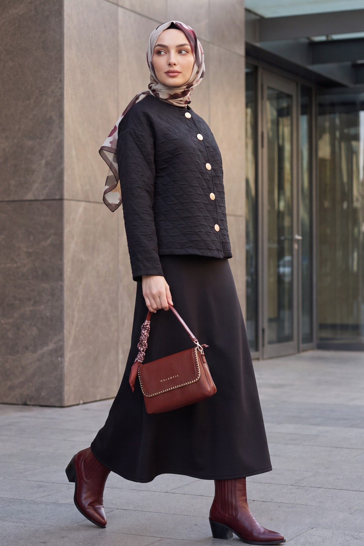 Round-Neck Buttoned Jacket and Skirt Set with Embossed Pattern -Black