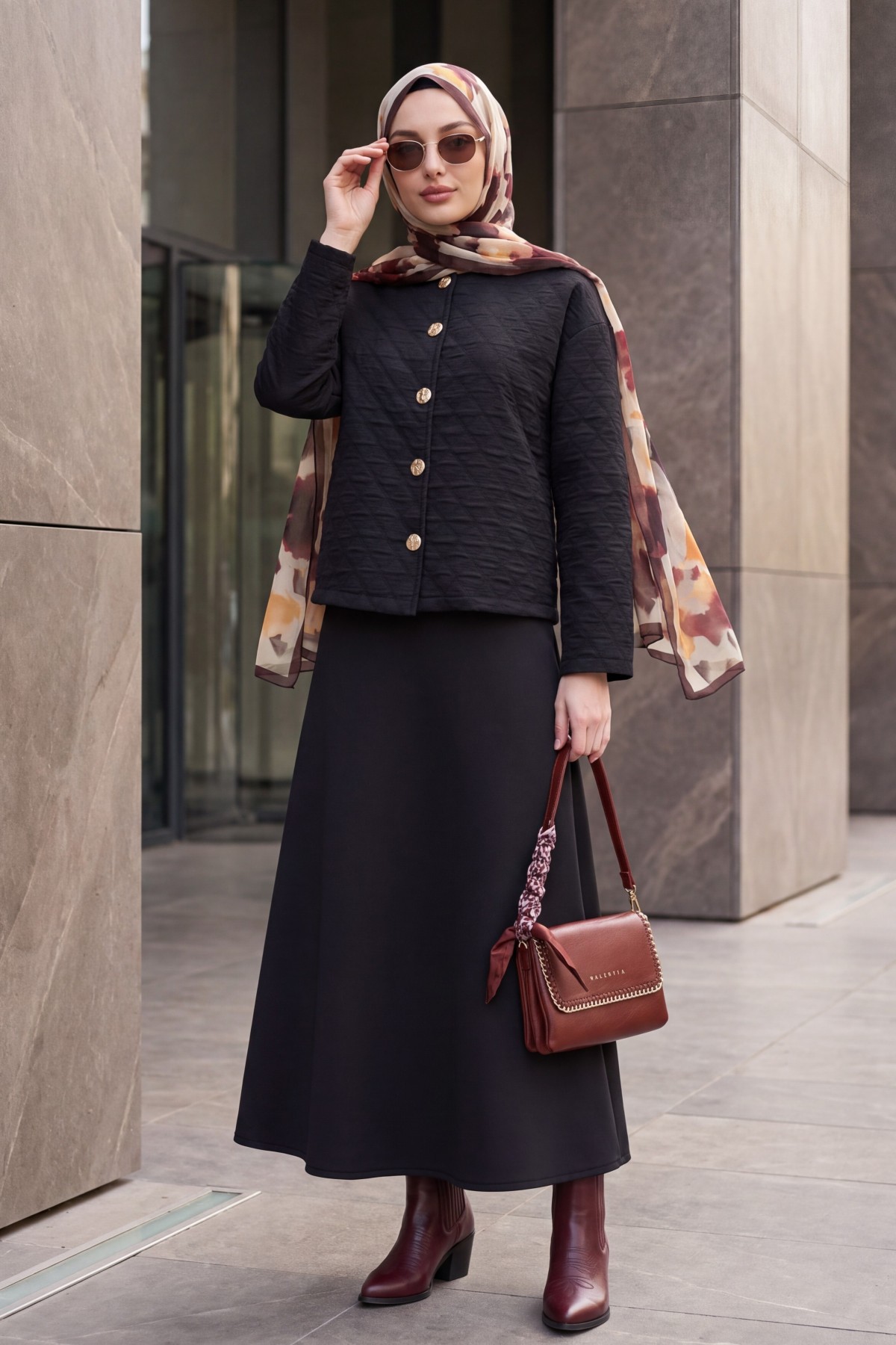 Round-Neck Buttoned Jacket and Skirt Set with Embossed Pattern -Black