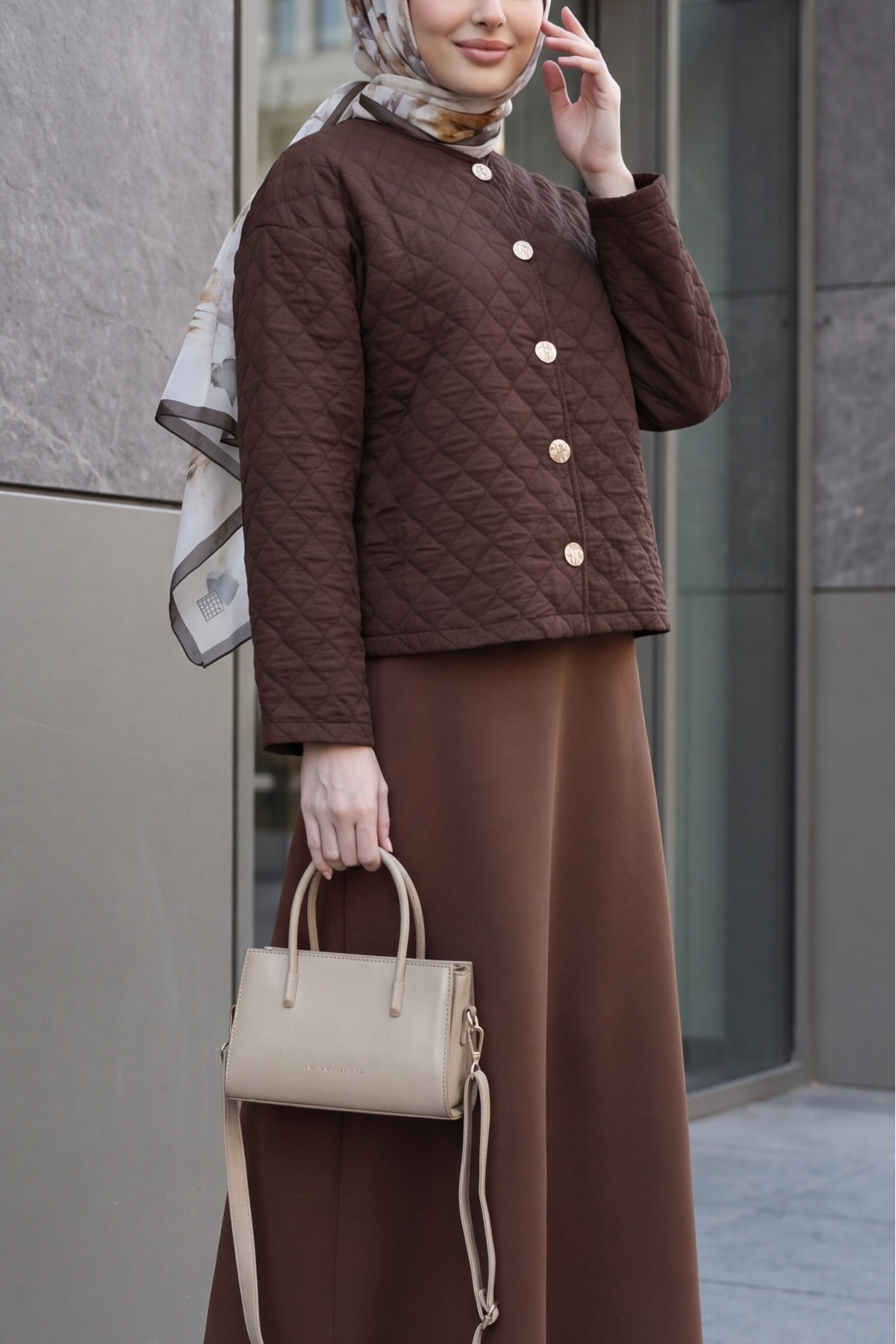 Round-Neck Buttoned Jacket and Skirt Set with Embossed Pattern -Brown