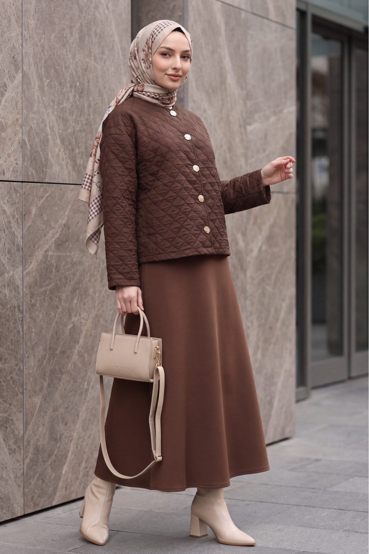 Round-Neck Buttoned Jacket and Skirt Set with Embossed Pattern -Brown
