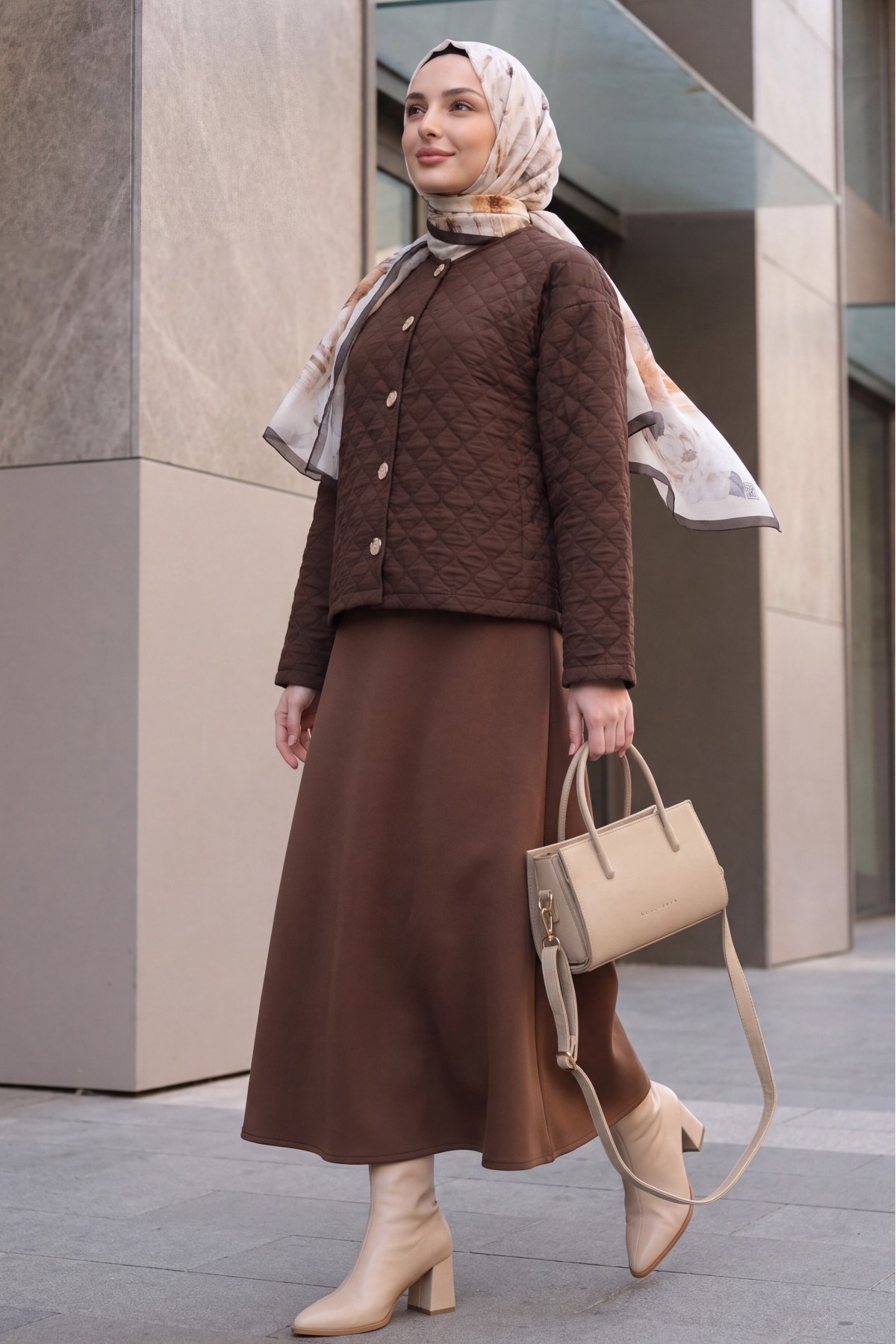 Round-Neck Buttoned Jacket and Skirt Set with Embossed Pattern -Brown