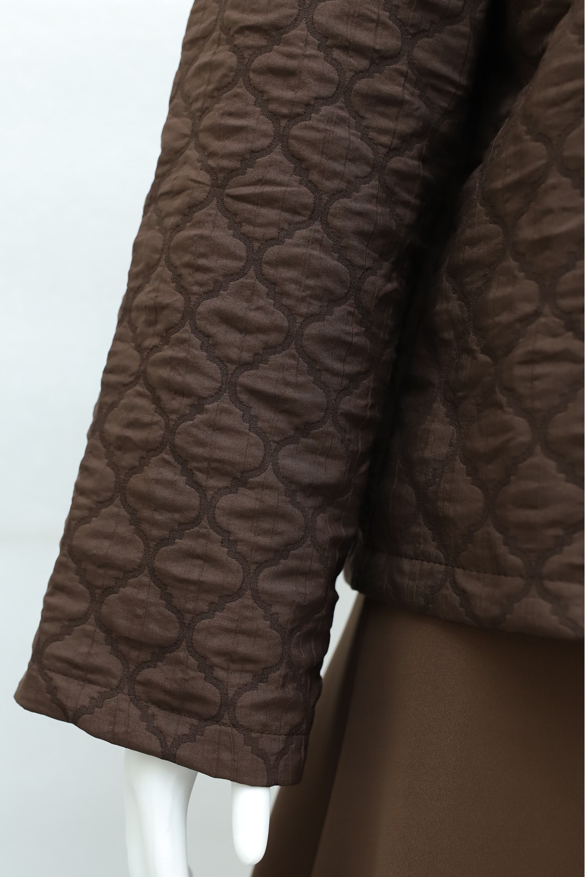 Round-Neck Buttoned Jacket and Skirt Set with Embossed Pattern -Brown