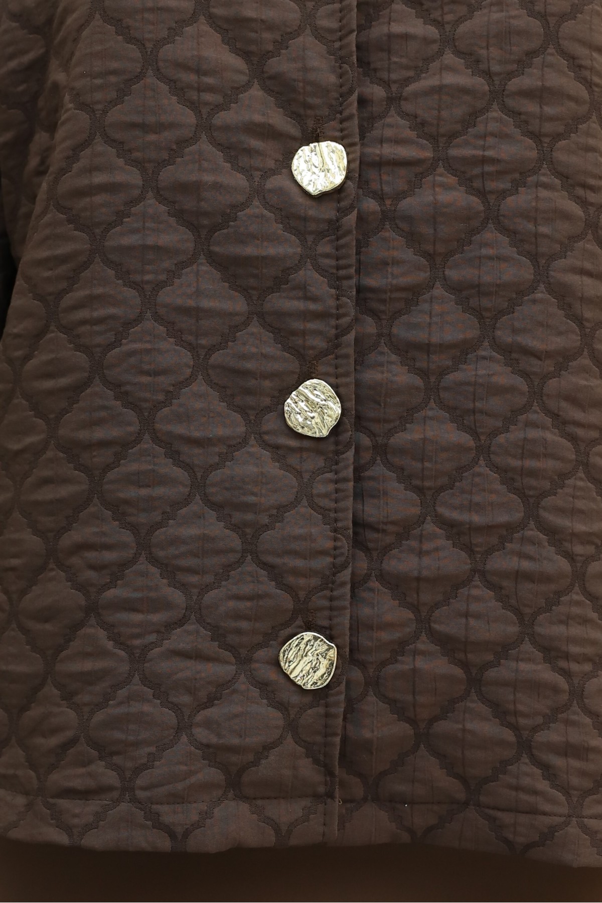 Round-Neck Buttoned Jacket and Skirt Set with Embossed Pattern -Brown