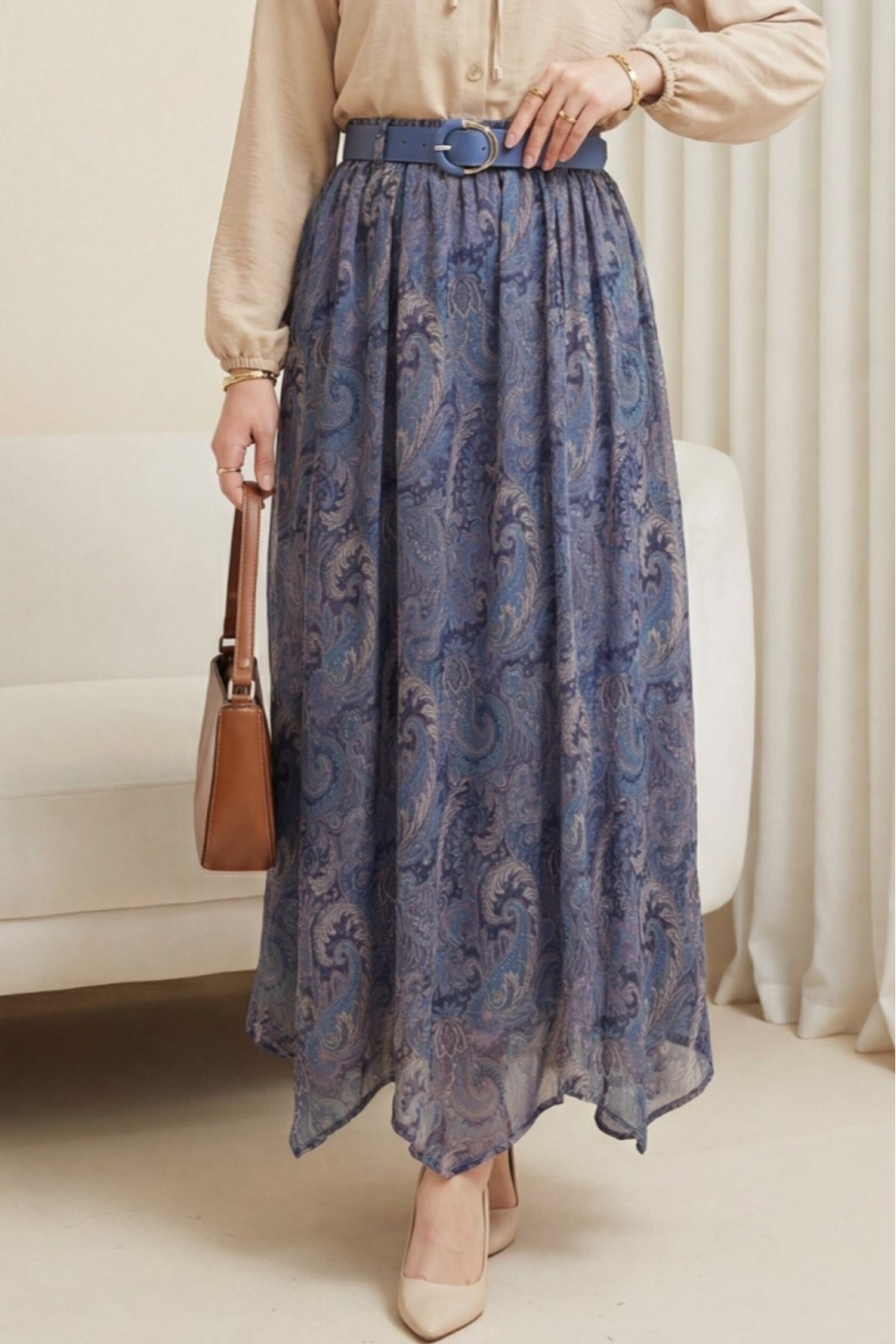 تنورة شيفون مبطنة بحزام وقصة غير متماثلة  -اللون النيلي