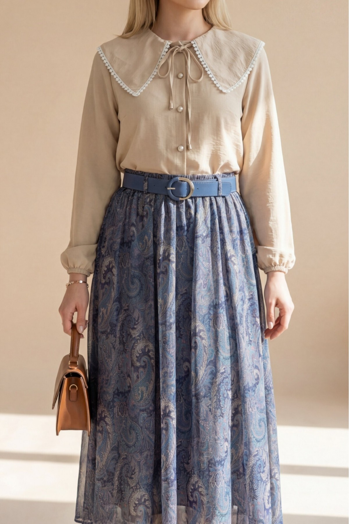 تنورة شيفون مبطنة بحزام وقصة غير متماثلة  -اللون النيلي