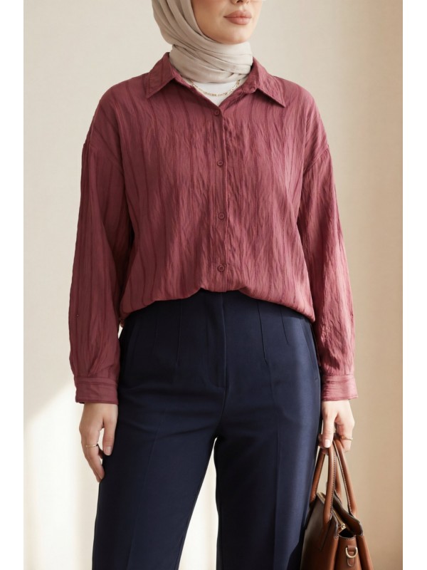 قميص مخطط بأزرار -بوردو