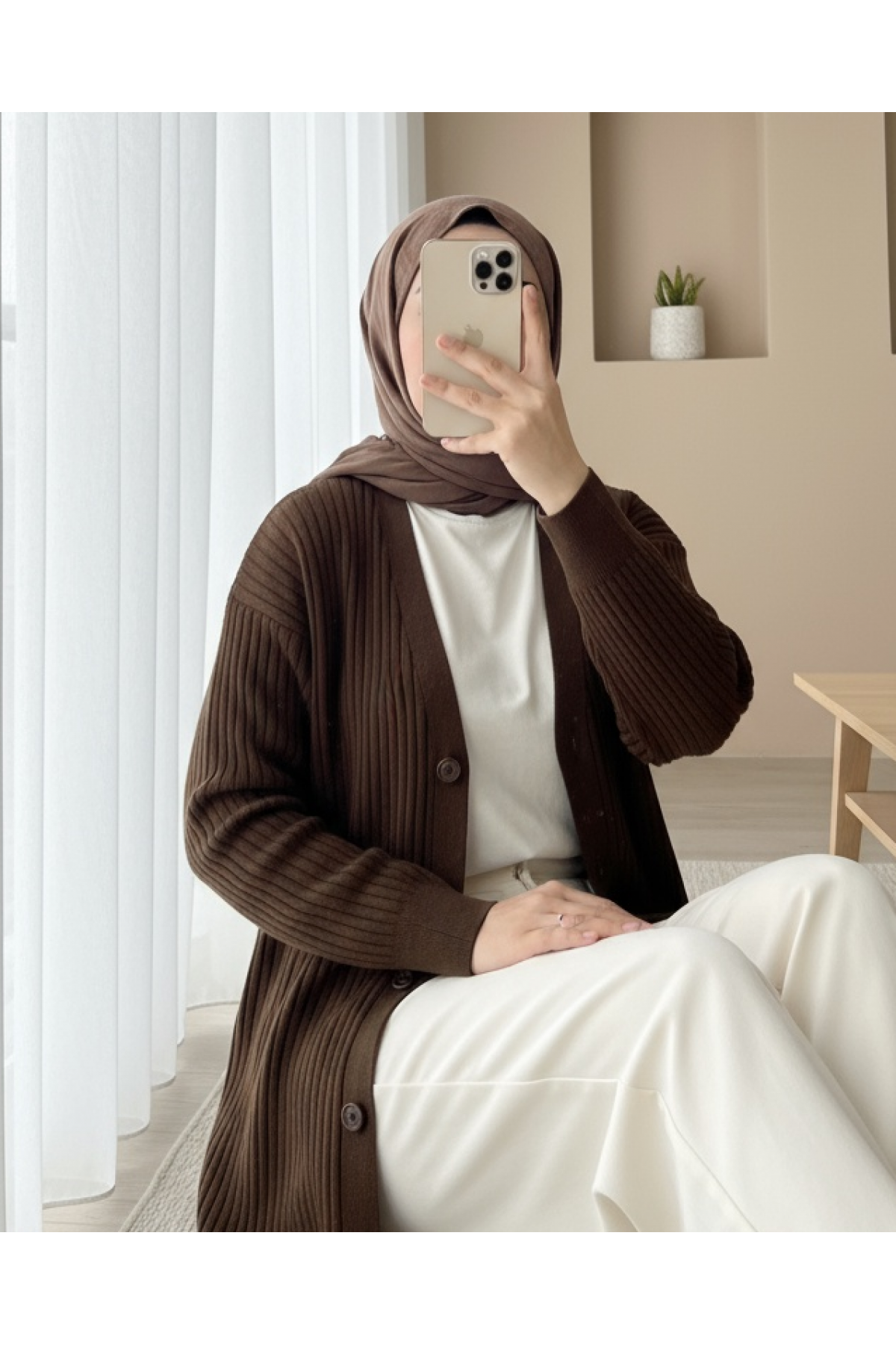 Fitilli Düğmeli Uzun Triko Hırka  -Kahve