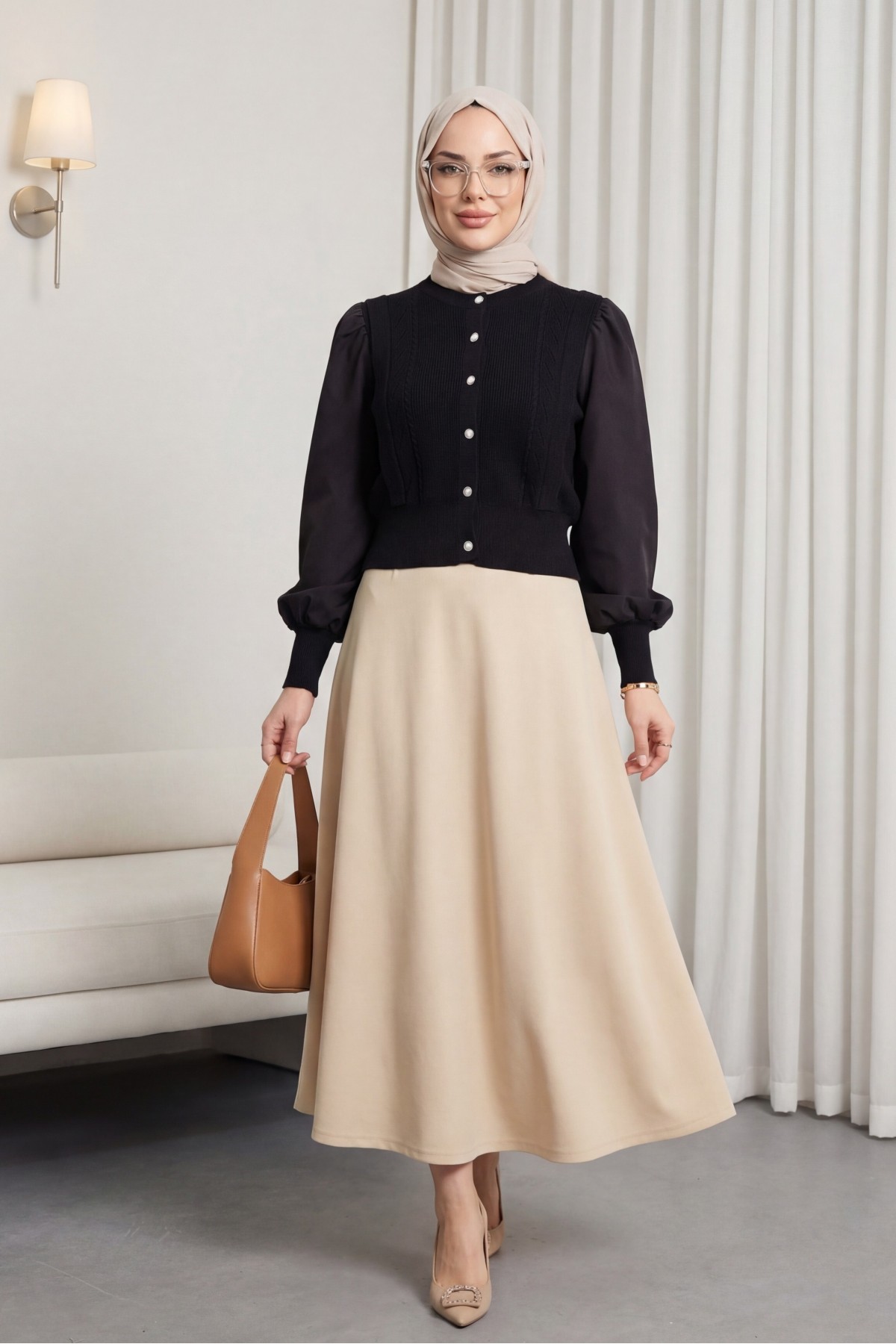 Poplin Buttoned Knit Cardigan with Sleeve Detail -Black