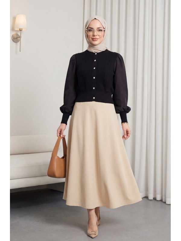 Poplin Kol Detaylı Düğmeli Triko Hırka -Siyah