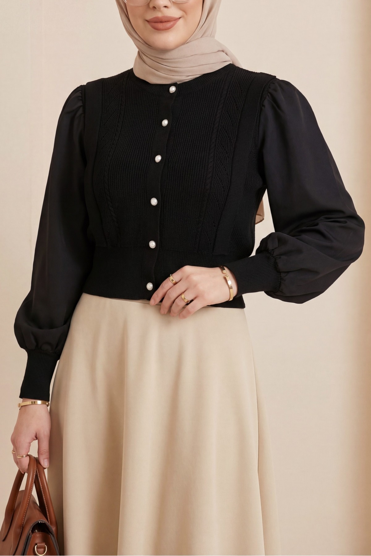 Poplin Buttoned Knit Cardigan with Sleeve Detail -Black