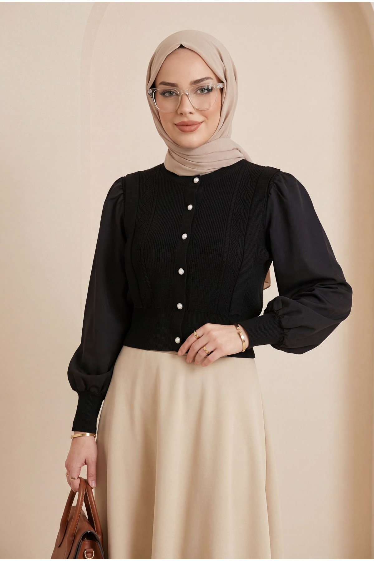 Poplin Buttoned Knit Cardigan with Sleeve Detail -Black