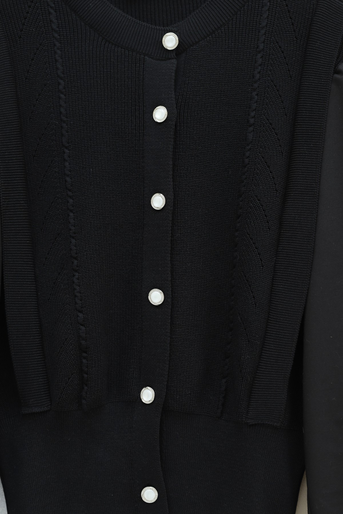 Poplin Buttoned Knit Cardigan with Sleeve Detail -Black