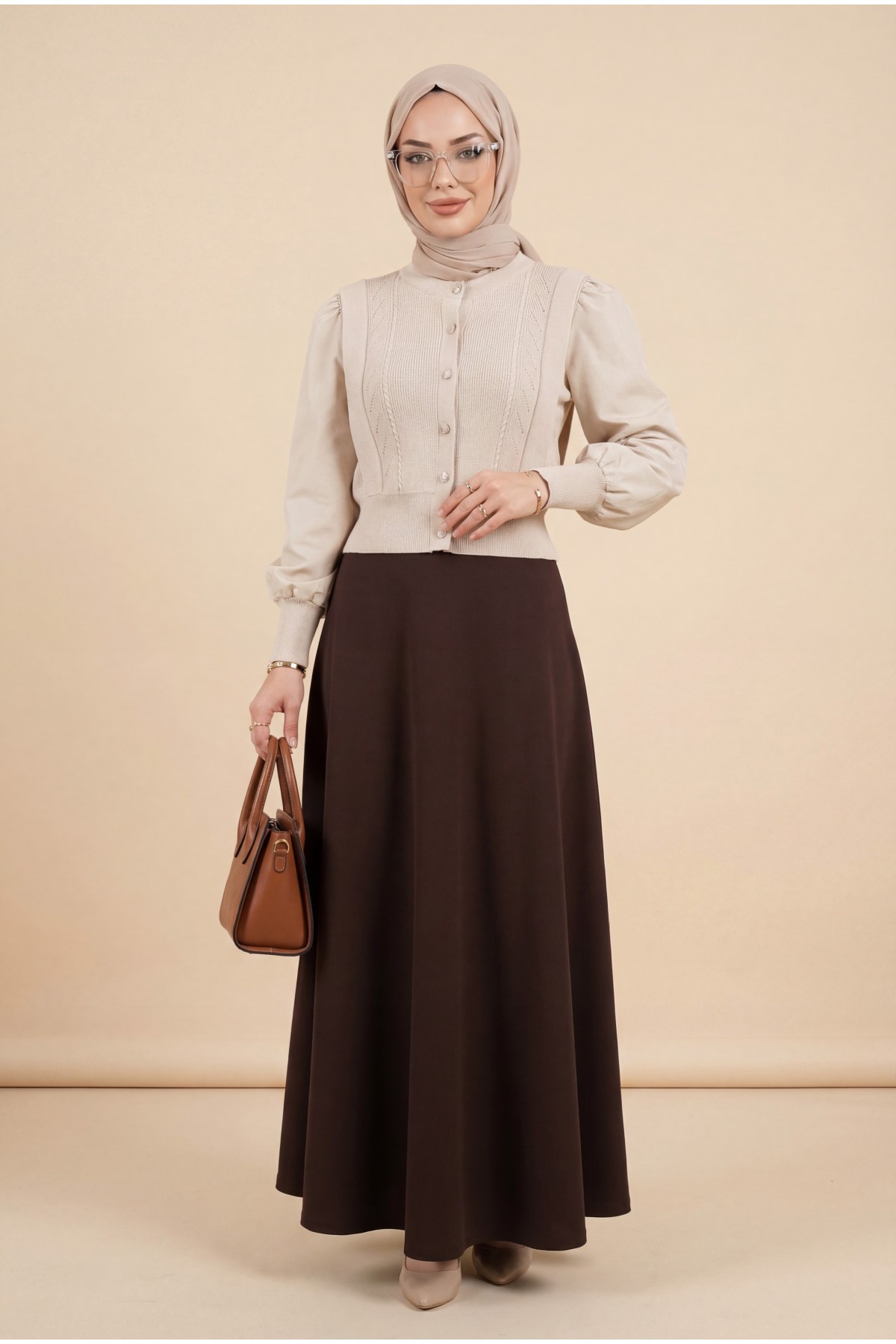 Poplin Buttoned Knit Cardigan with Sleeve Detail -Stone