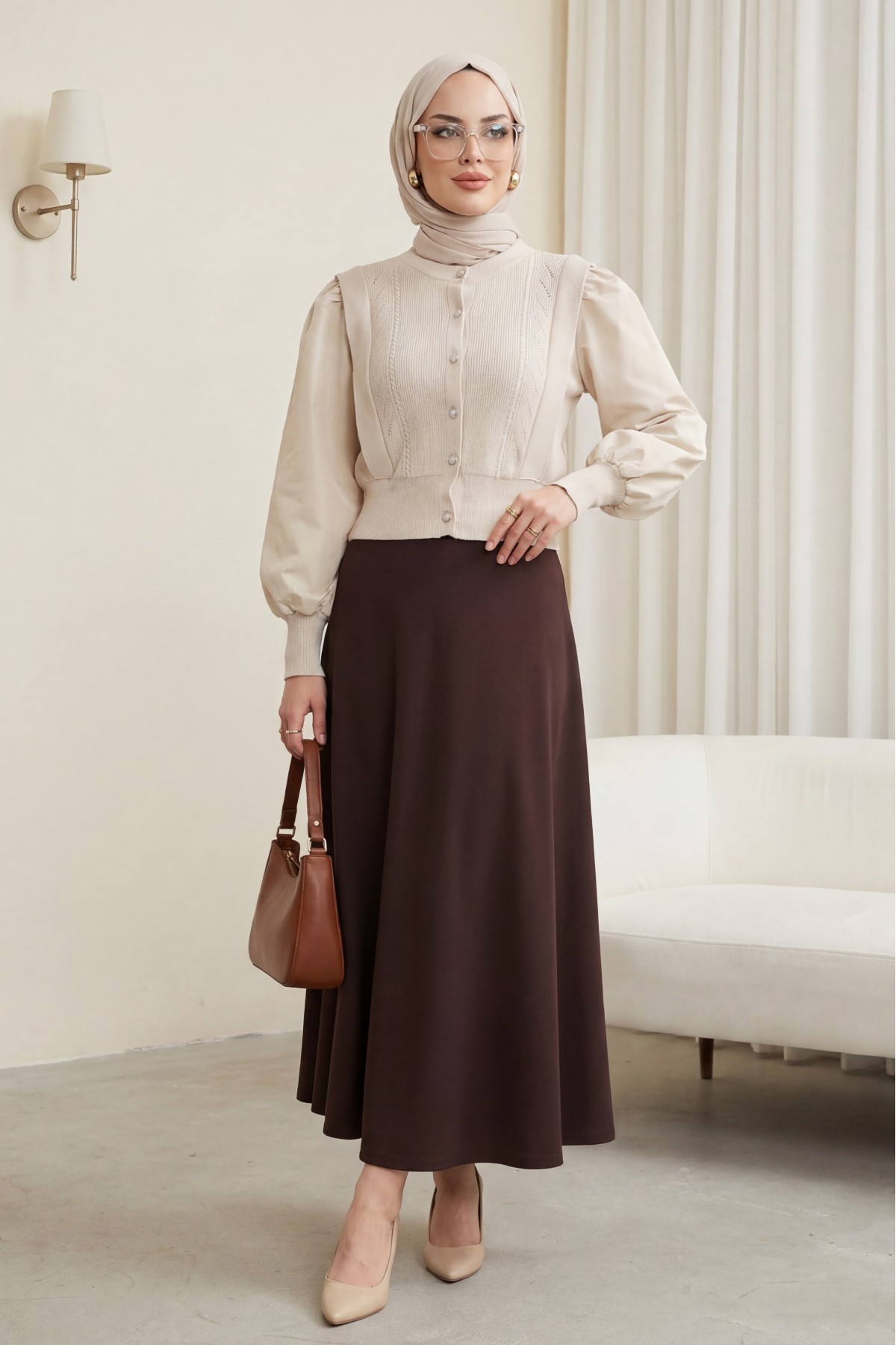 Poplin Buttoned Knit Cardigan with Sleeve Detail -Stone