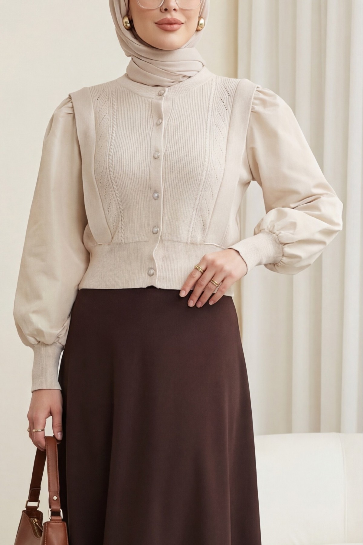 Poplin Buttoned Knit Cardigan with Sleeve Detail -Stone