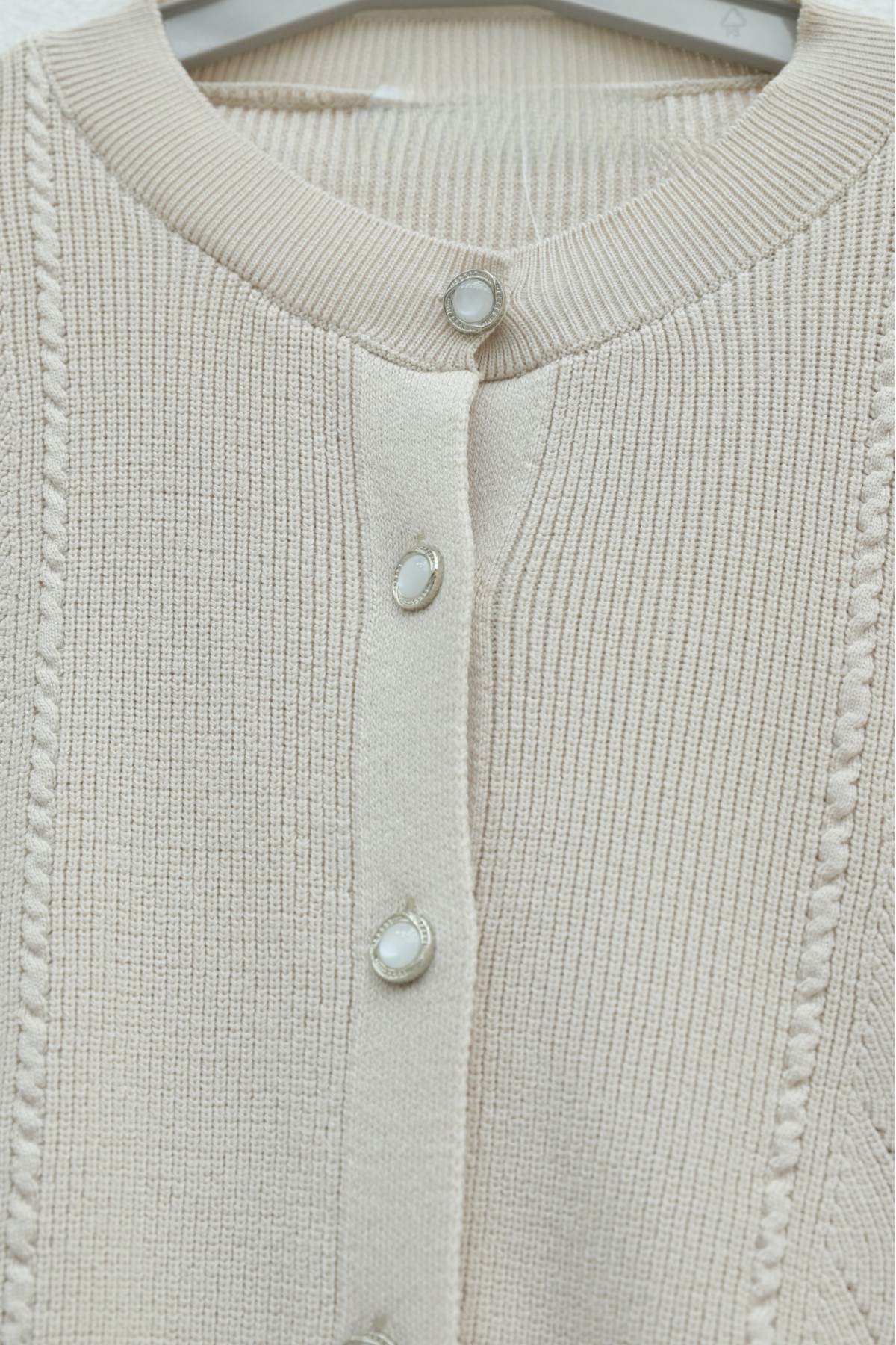Poplin Buttoned Knit Cardigan with Sleeve Detail -Stone