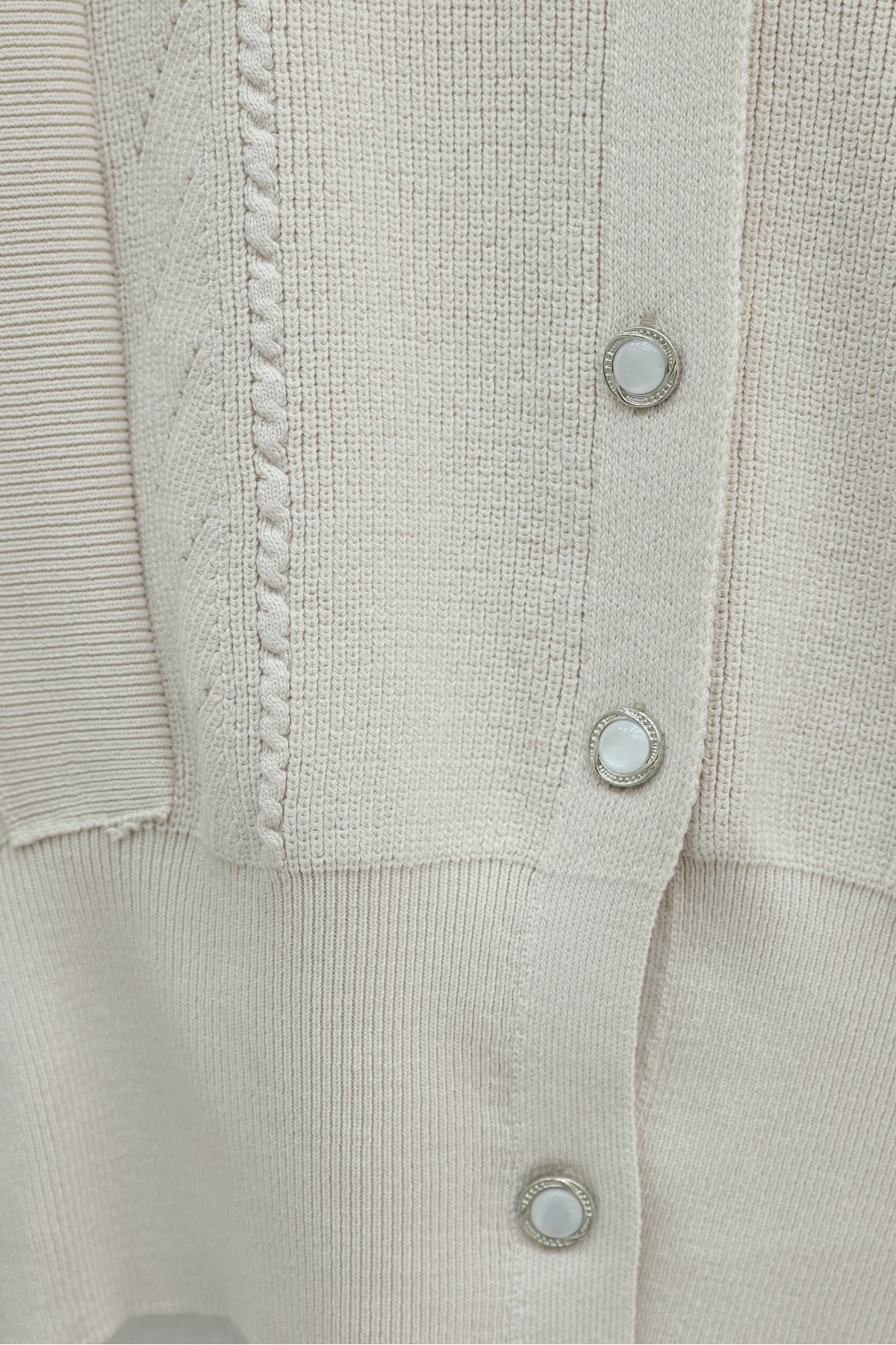 Poplin Buttoned Knit Cardigan with Sleeve Detail -Stone