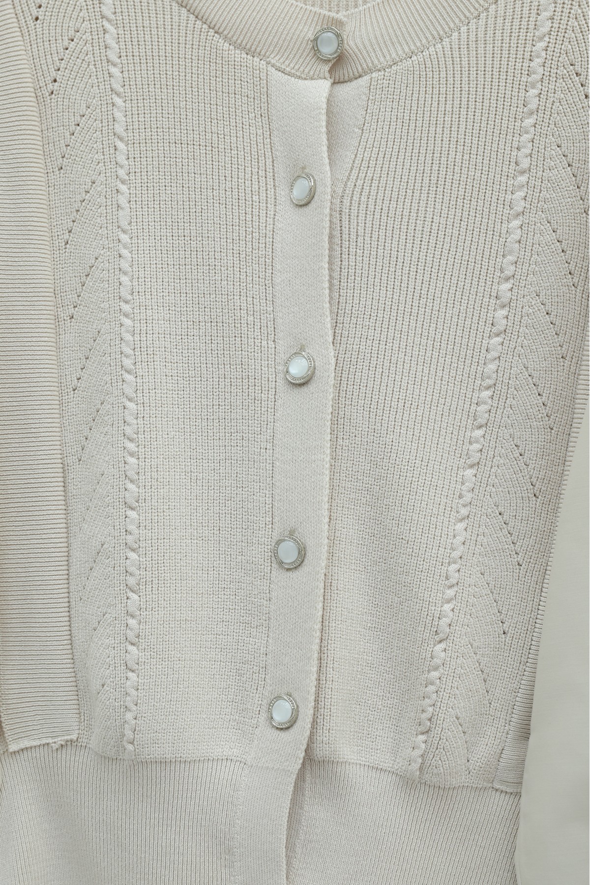 Poplin Buttoned Knit Cardigan with Sleeve Detail -Stone