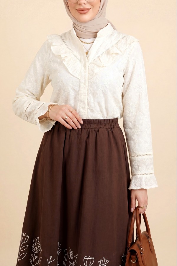 Kolu Ve Yakası Volanlı Brode İşlemeli Vual Gömlek -Bej