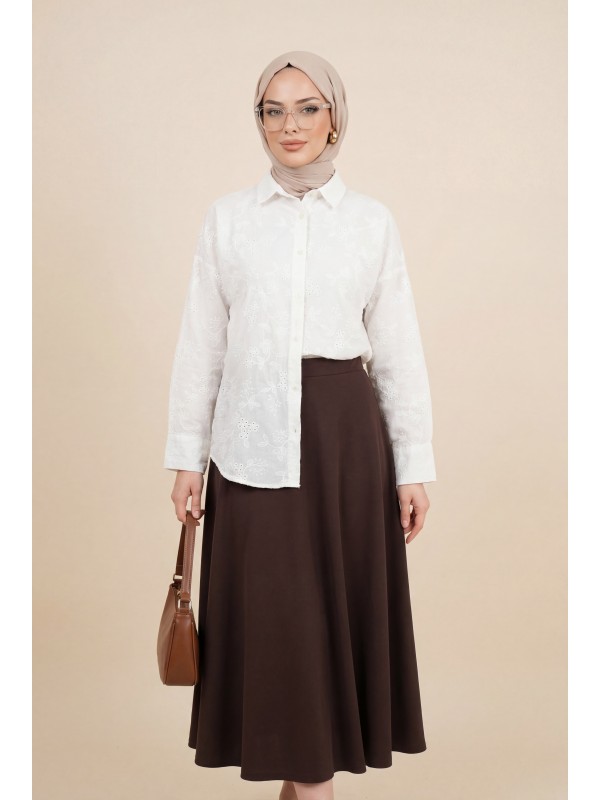 Fistolu Oval Kesim Düğmeli Vual Gömlek -Beyaz