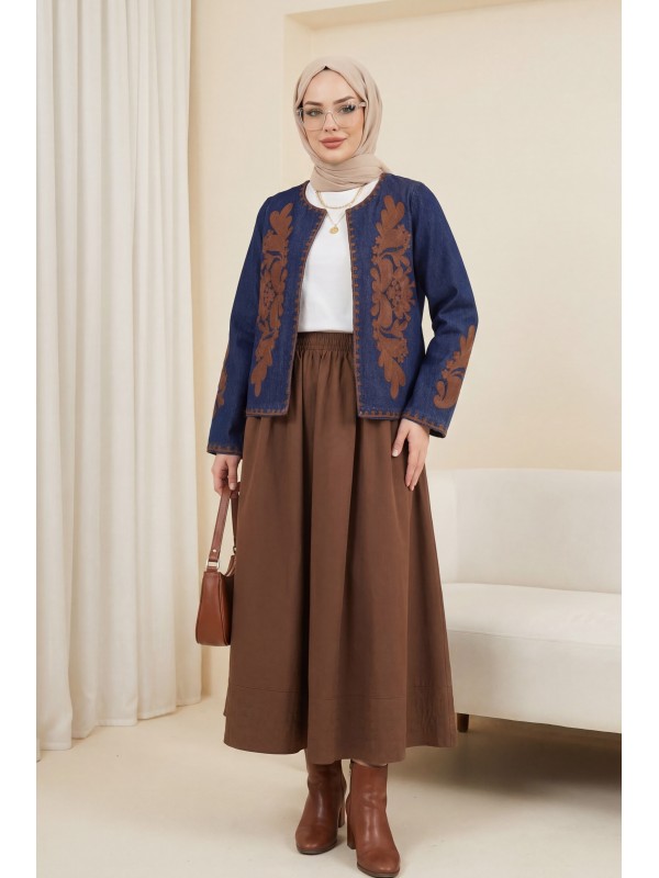 جاكيت جينز بتطريز أمامي وأكمام -كحلي