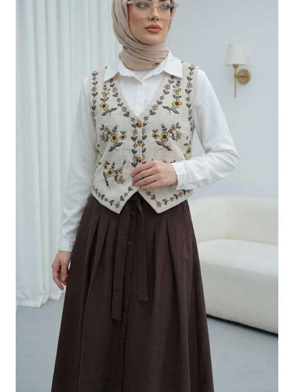 Çiçek Nakışlı Düğmeli Yelek -Taş