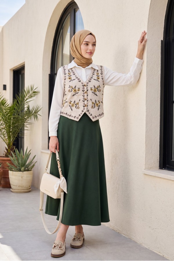 Vest with Floral Embroidery and Buttons -Stone