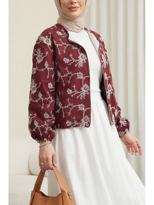 جاكيت كتان مطرز بياقة دائرية وسحاب وجيوب -بوردو
