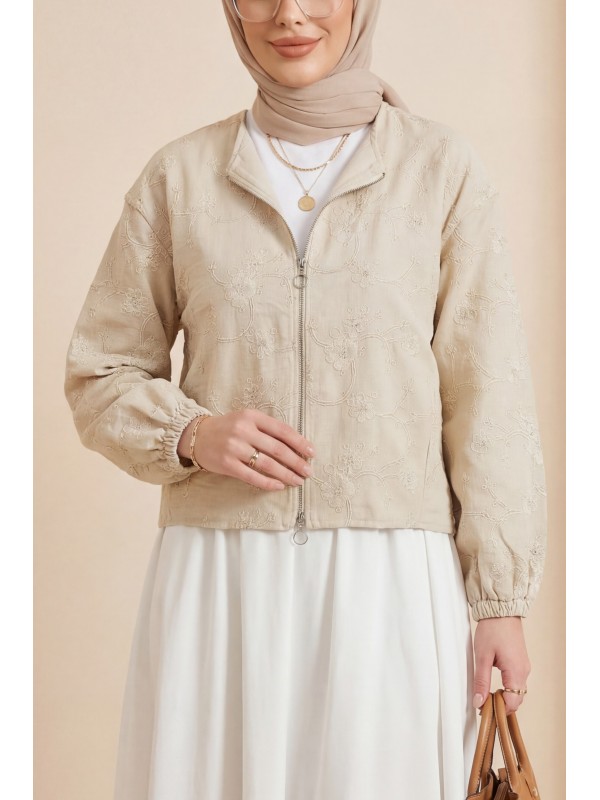 Round Neck, Zip-Up, Embroidered Linen Jacket with Pockets -Cream color