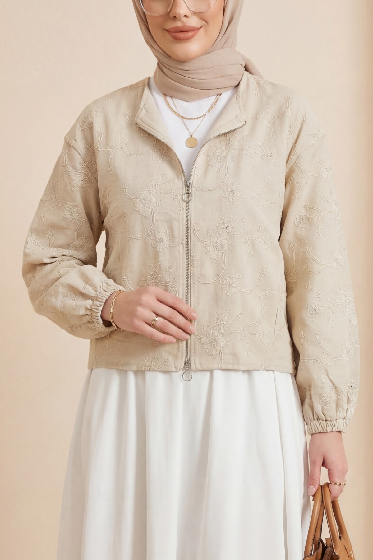 Round Neck, Zip-Up, Embroidered Linen Jacket with Pockets -Cream color