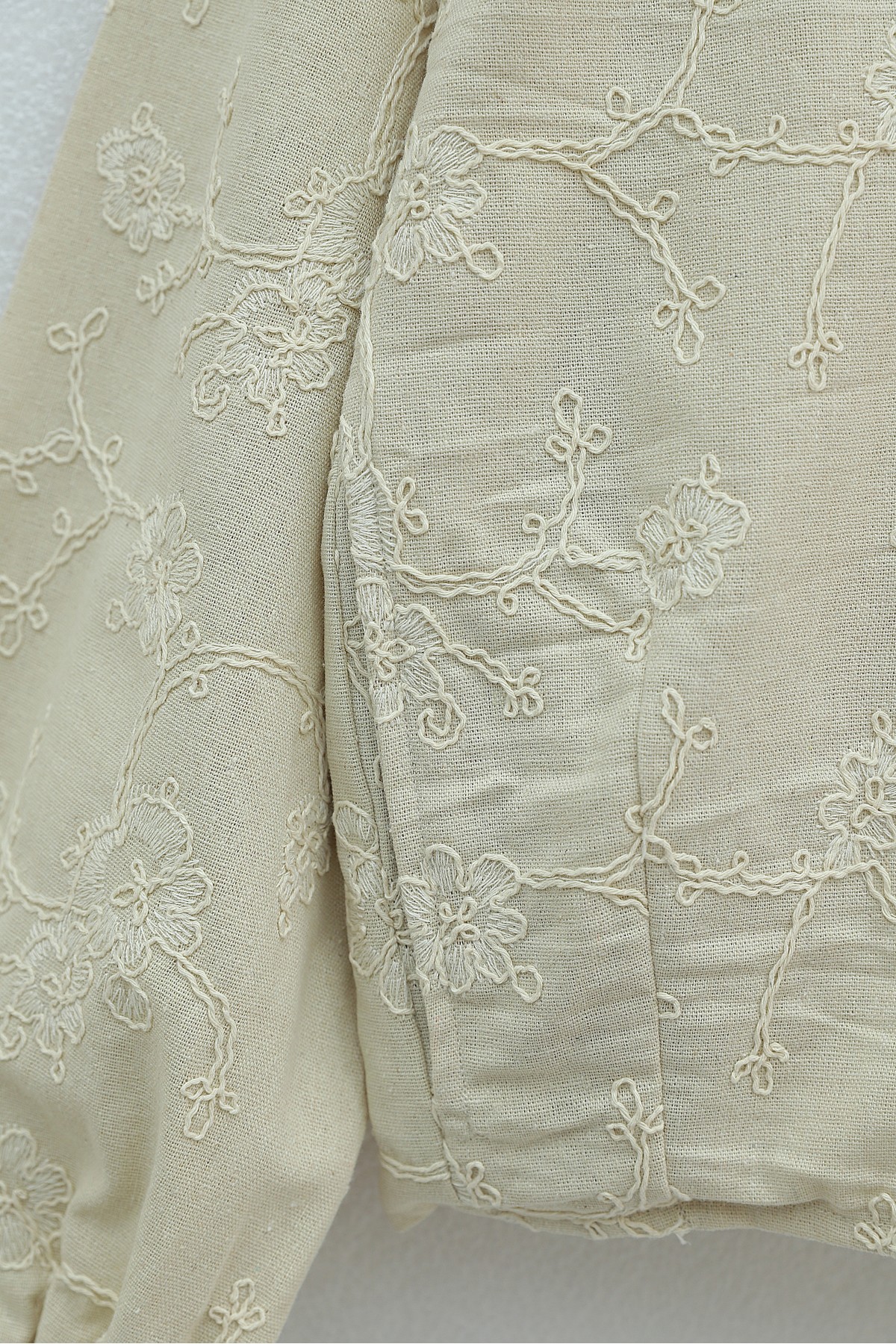 Round Neck, Zip-Up, Embroidered Linen Jacket with Pockets -Cream color
