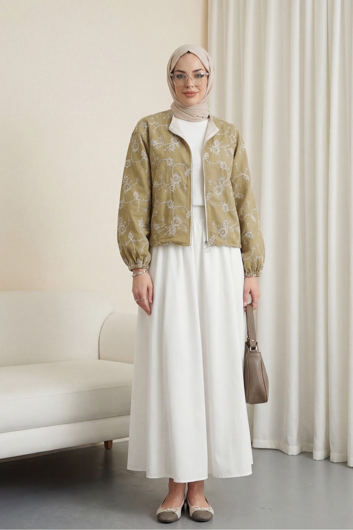 Round Neck, Zip-Up, Embroidered Linen Jacket with Pockets -Cinnamon