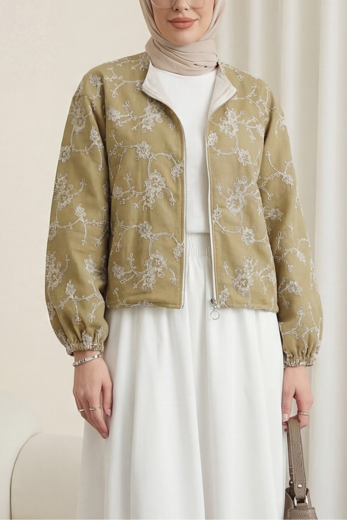 Round Neck, Zip-Up, Embroidered Linen Jacket with Pockets -Cinnamon