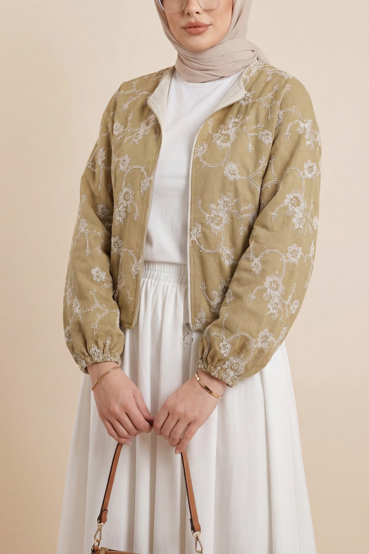 Round Neck, Zip-Up, Embroidered Linen Jacket with Pockets -Cinnamon