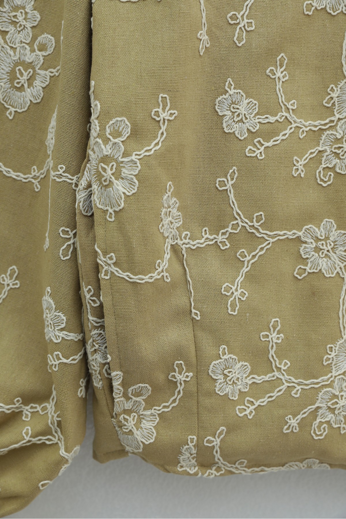 Round Neck, Zip-Up, Embroidered Linen Jacket with Pockets -Cinnamon